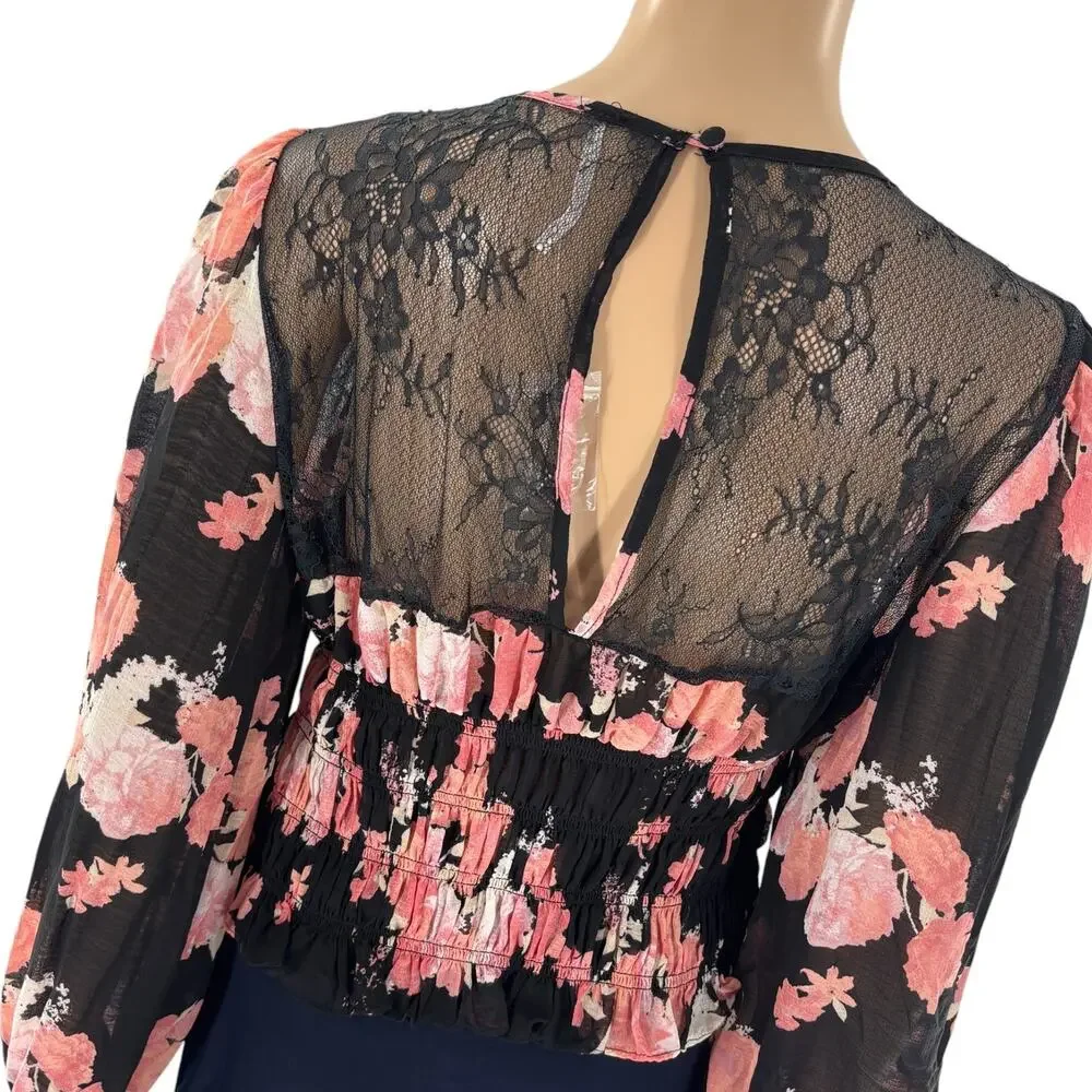 Free People Black Floral Midnight Combo Pink Daphne Blouse